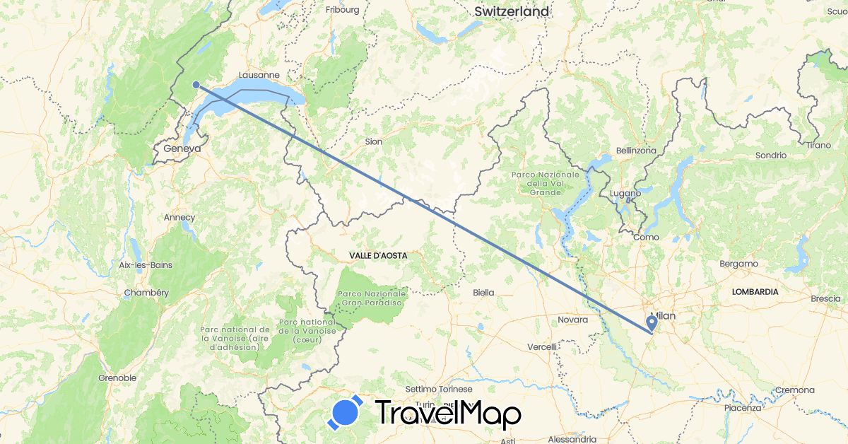 TravelMap itinerary: driving, cycling in Switzerland, Italy (Europe)
